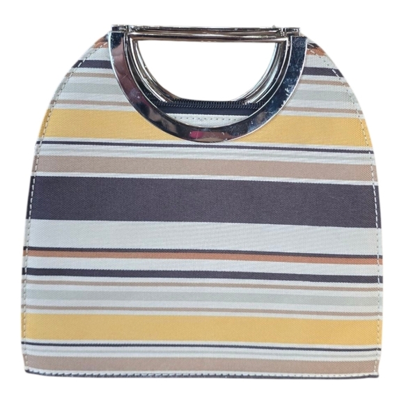 Canvas Brown Yellow Stripe Silver Top Handle Handbag - Picture 1 of 9
